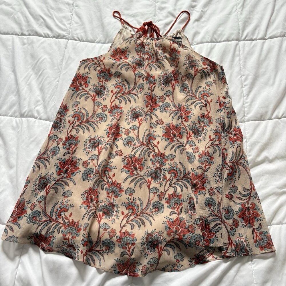 BB DAKOTA Womens Size XS Swing Mini Dress Tan Beige Floral Lined Tassel‎